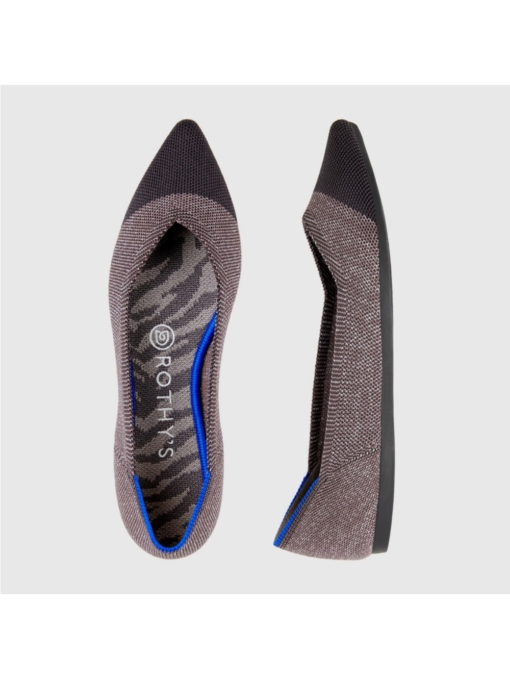 Rothy's Pointed Knit Ballet Flat in gray and Black with Blue Trim
